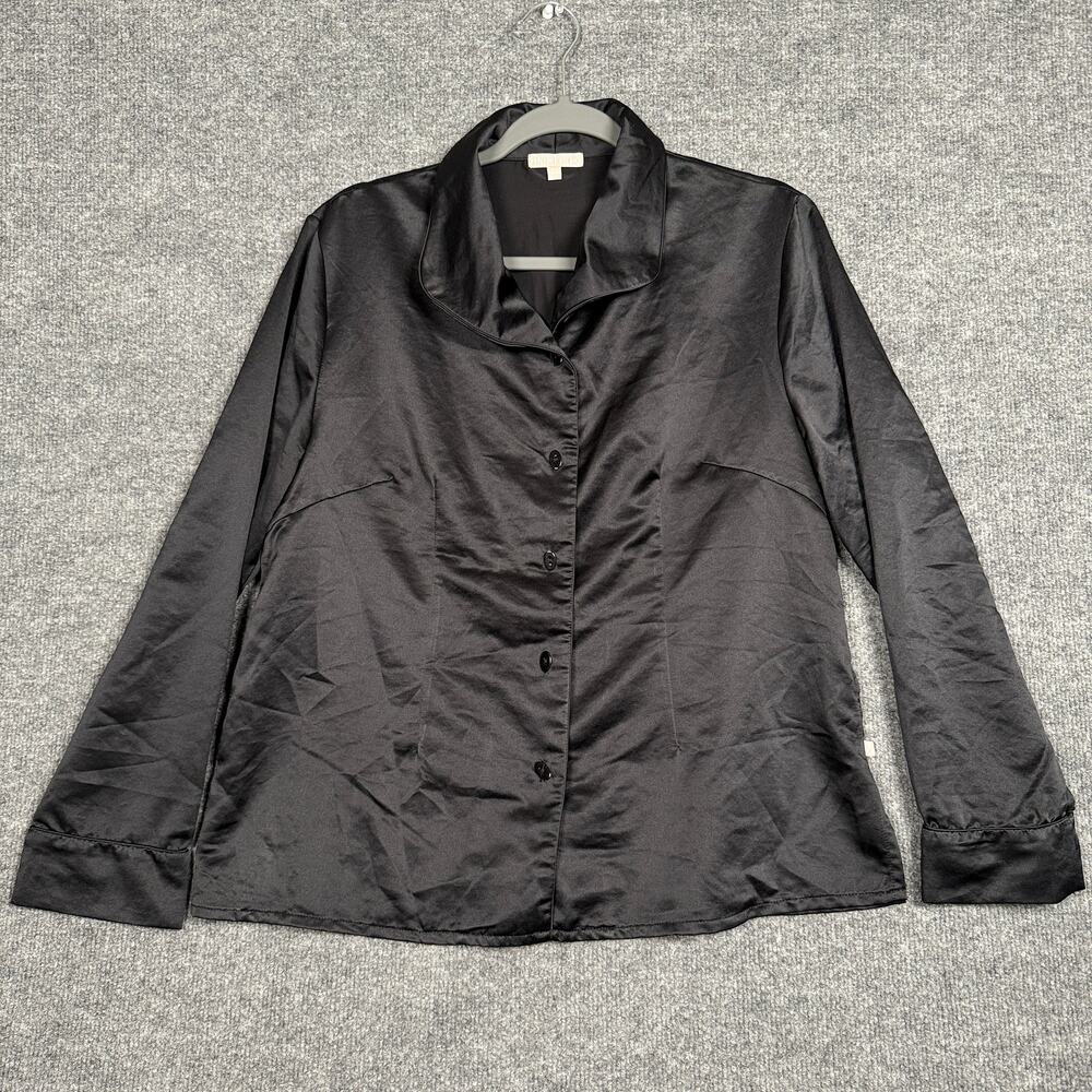Barefoot Dreams Size XS Satin Button Up Pajama Shirt Black Polyester Long Sleeve
